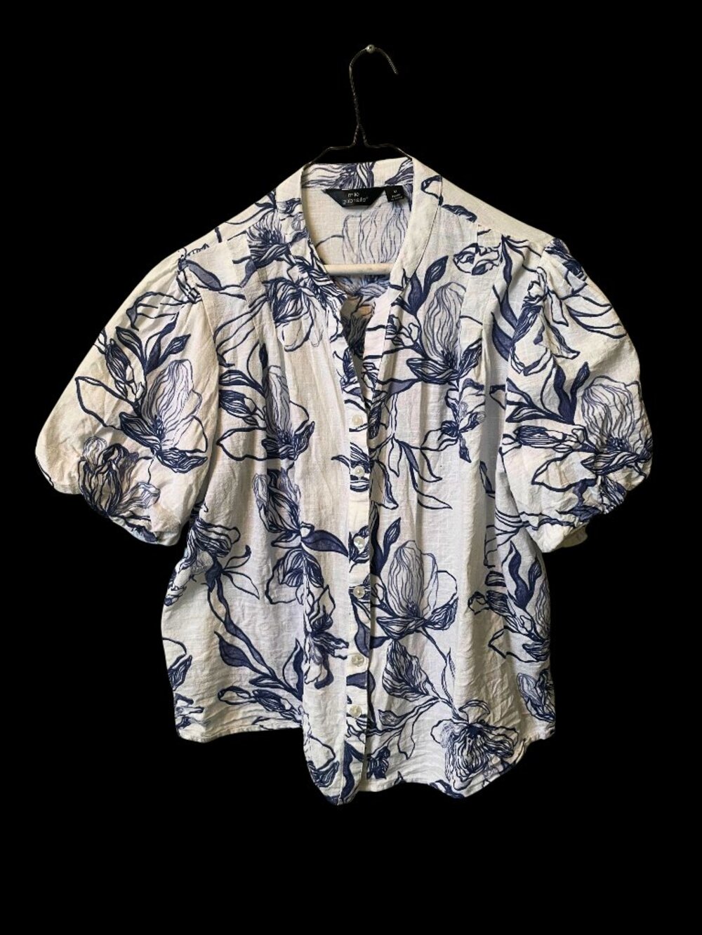 Mlle Gabrielle Cotton Floral Puff Sleeve Blouse XL Blue & White Button down